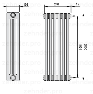 Схема (чертеж) Радиатор Zehnder Charleston 4200/6 №7610 Белый глянцевый RAL 9016